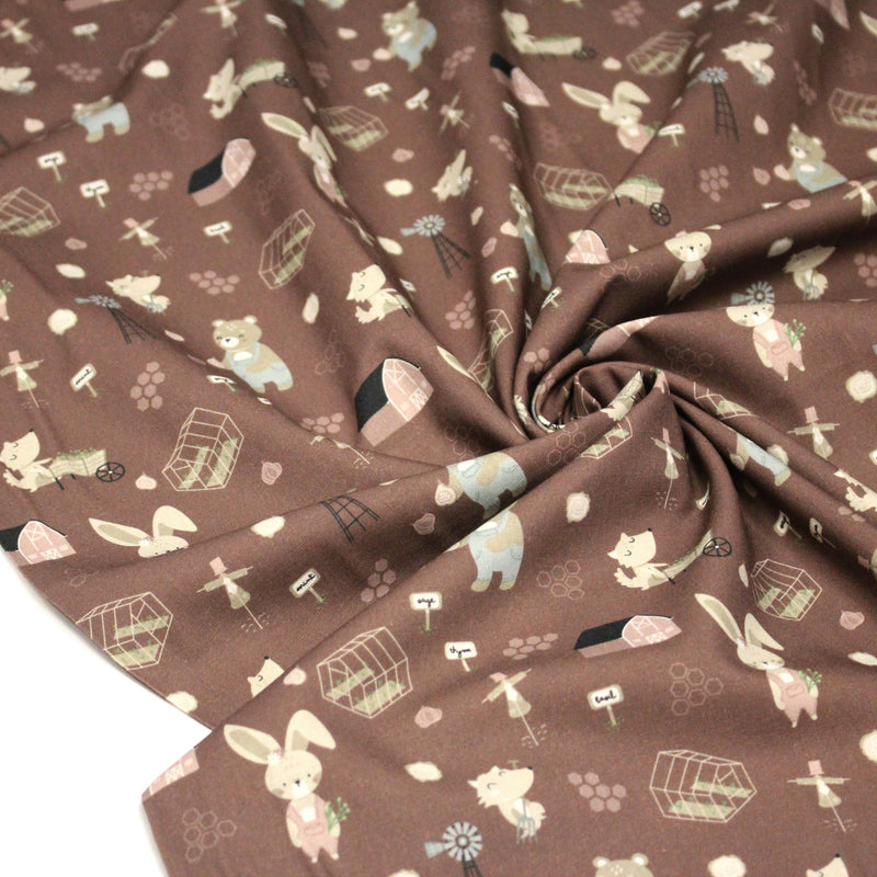 Tissu cotonnade, les animaux à la ferme, fond marron, collection AUTOMNE - STANDARD 100 OEKO - TEX - tissuspipi.com