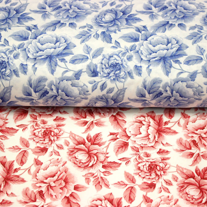 Tissu cotonnade HAMPTON BLOOM, motif britannique fleuri bleu ou rose - OEKO - TEX STANDARD 100 - tissuspipi.com