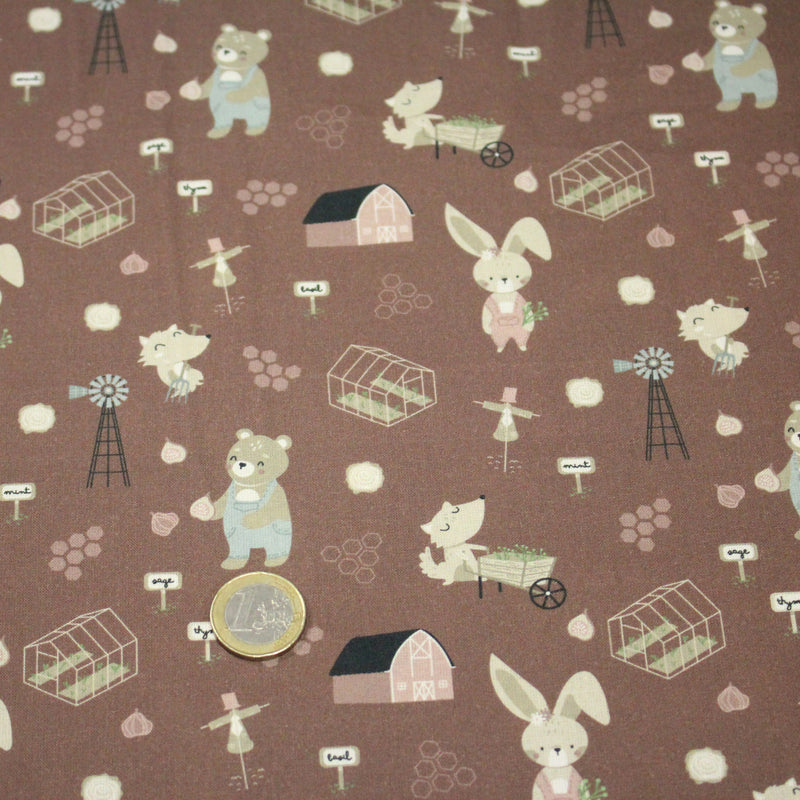 Tissu cotonnade, les animaux à la ferme, fond marron, collection AUTOMNE - STANDARD 100 OEKO - TEX - tissuspipi.com