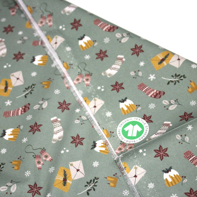 Tissu de Noël, cotonnade vert aux objets de Noël moutarde et bordeaux - STANDARD 100 OEKO - TEX - tissuspipi.com