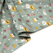 Tissu de Noël, cotonnade vert aux objets de Noël moutarde et bordeaux - STANDARD 100 OEKO - TEX - tissuspipi.com