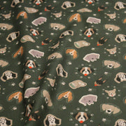 Tissu cotonnade vert anglais aux têtes de jolis chiens, collection AUTOMNE - STANDARD 100 OEKO - TEX - tissuspipi.com
