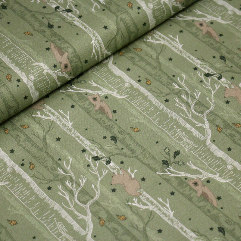 Tissu cotonnade vert aux ours dans les arbres, collection AUTOMNE - STANDARD 100 OEKO - TEX - tissuspipi.com