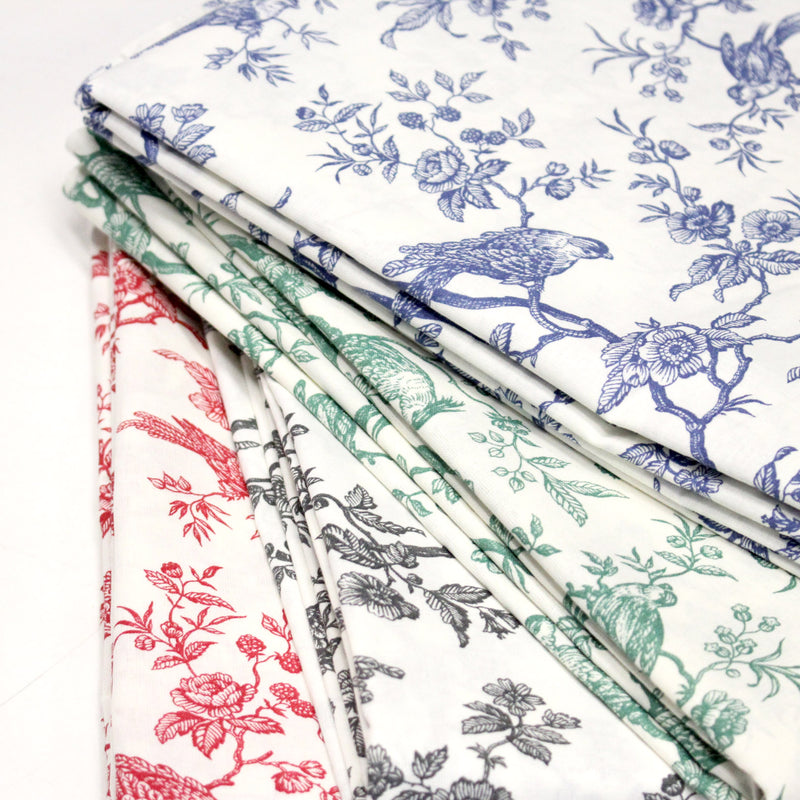 Tissu coton renforcé TOILE DE JOUY AUX MESANGES grande largeur 280cm : bleu, rouge, vert, gris - OEKO - TEX - tissuspipi.com