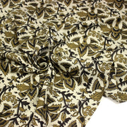 Tissu coton fin imprimé INDIENNE écru aux fleurs traditionnelles indiennes ocres et noires - tissuspipi.com