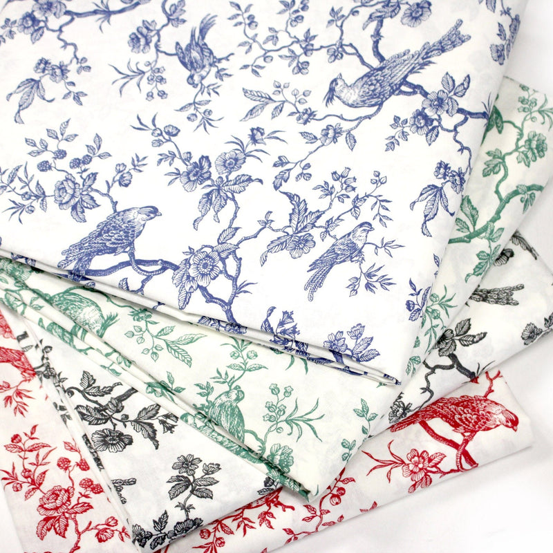 Tissu coton renforcé TOILE DE JOUY AUX MESANGES grande largeur 280cm : bleu, rouge, vert, gris - OEKO - TEX - tissuspipi.com