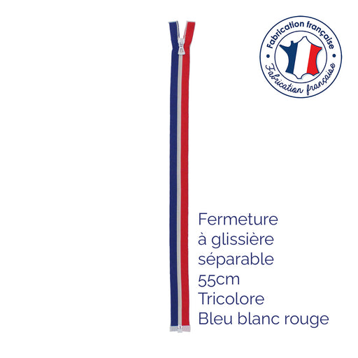Fermeture à glissière séparable 55cm tricolore bleu blanc rouge - Fabrication française - tissuspipi.com