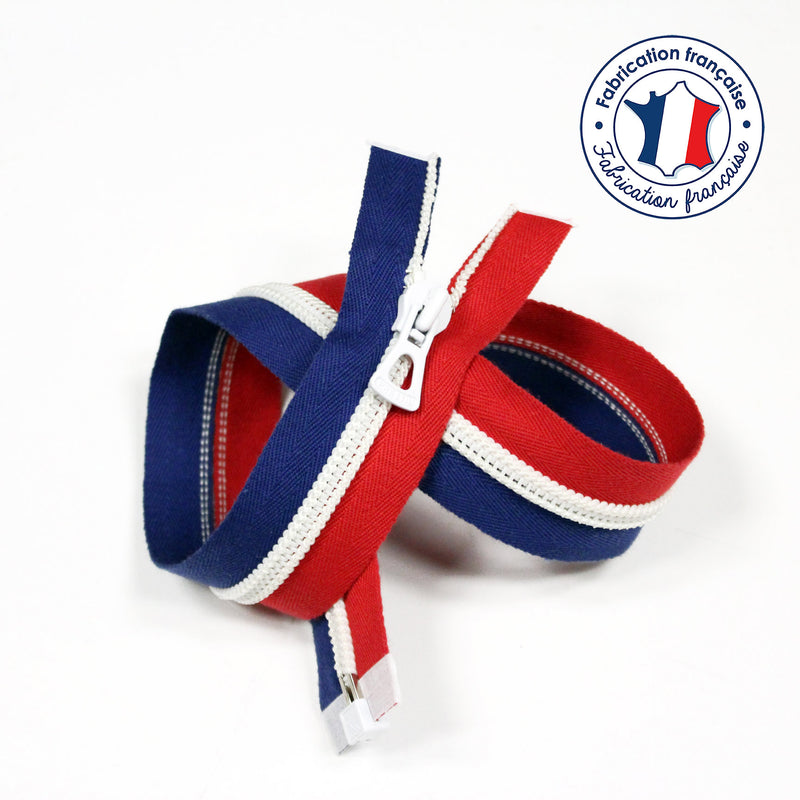 Fermeture à glissière séparable 55cm tricolore bleu blanc rouge - Fabrication française - tissuspipi.com