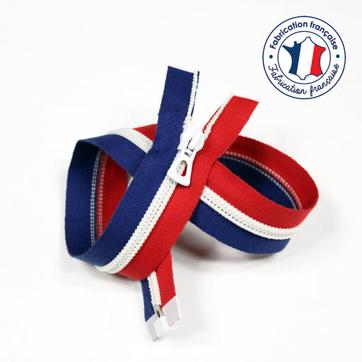 Fermeture à glissière séparable 55cm tricolore bleu blanc rouge - Fabrication française - tissuspipi.com