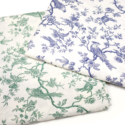 Tissu coton TOILE DE JOUY AUX MESANGES : bleu, vert - OEKO - TEX - tissuspipi.com