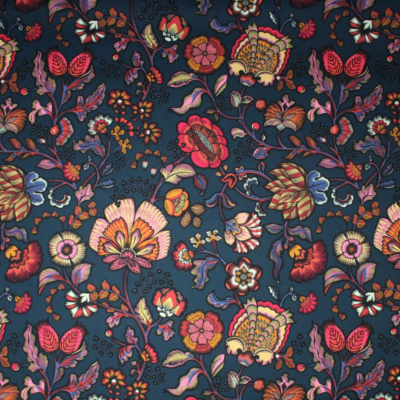 Tissu demi natté INDIENNES fleuri 100% coton, fond bleu pétrole - Collection Thevenon - tissuspipi.com