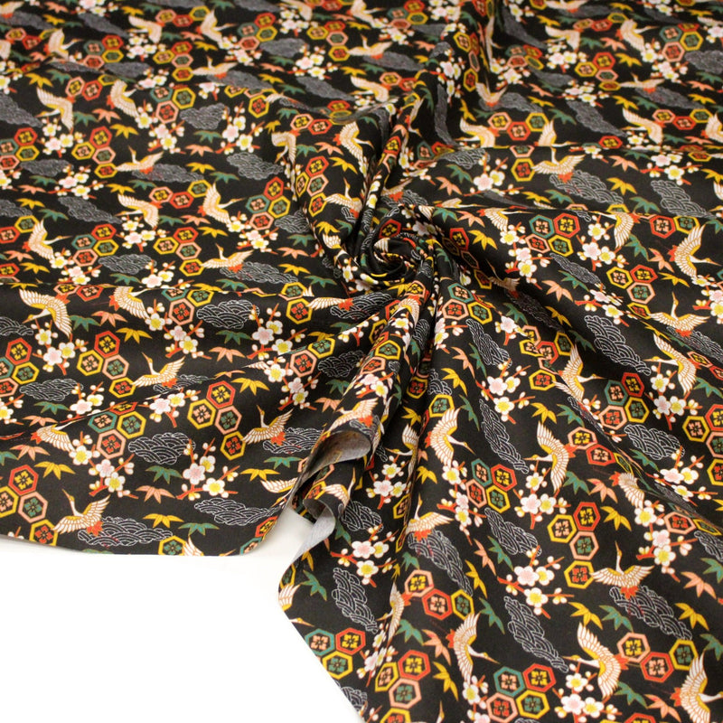 Tissu cotonnade NIGITA, motif japonais des grues : noir, bleu, rose, rouge - OEKO - TEX - tissuspipi.com