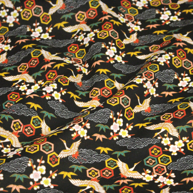 Tissu cotonnade NIGITA, motif japonais des grues : noir, bleu, rose, rouge - OEKO - TEX - tissuspipi.com