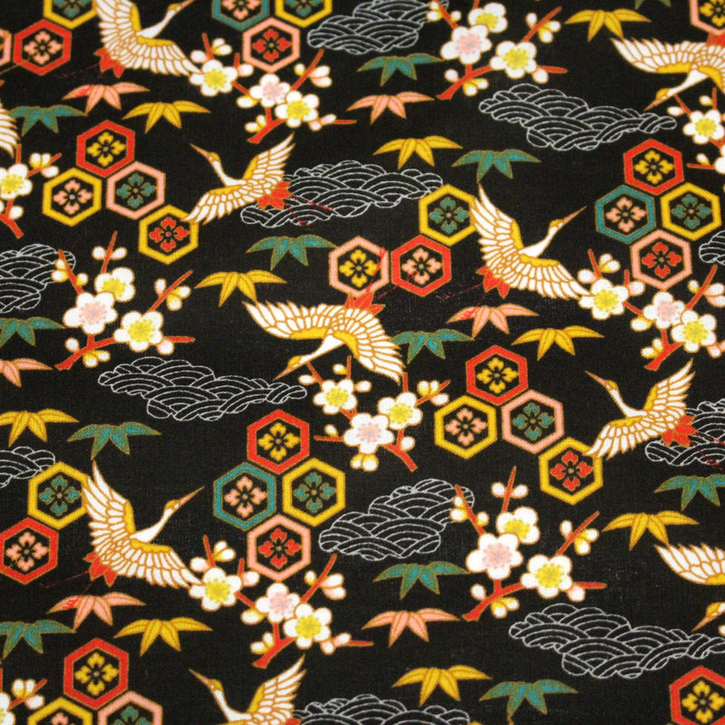 Tissu cotonnade NIGITA, motif japonais des grues : noir, bleu, rose, rouge - OEKO - TEX - tissuspipi.com