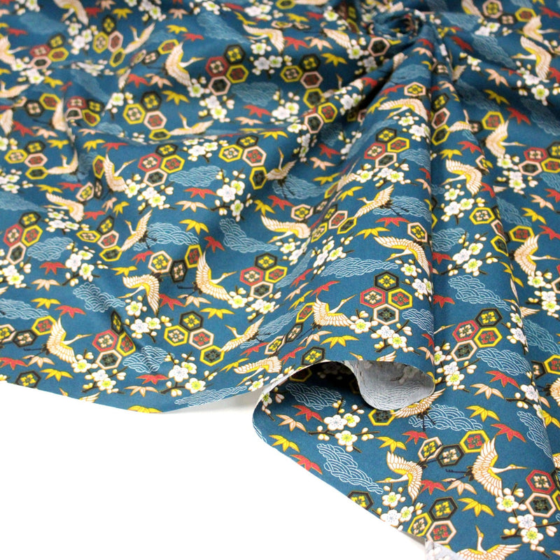 Tissu cotonnade NIGITA, motif japonais des grues : noir, bleu, rose, rouge - OEKO - TEX - tissuspipi.com