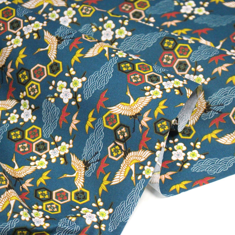 Tissu cotonnade NIGITA, motif japonais des grues : noir, bleu, rose, rouge - OEKO - TEX - tissuspipi.com