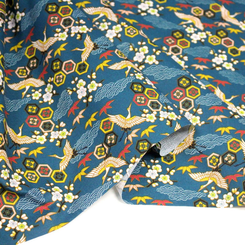Tissu cotonnade NIGITA, motif japonais des grues : noir, bleu, rose, rouge - OEKO - TEX - tissuspipi.com
