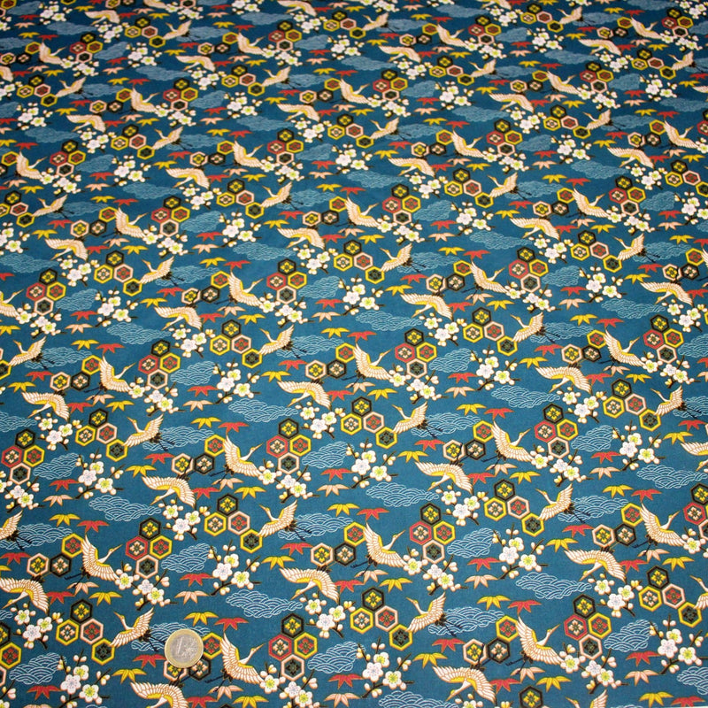 Tissu cotonnade NIGITA, motif japonais des grues : noir, bleu, rose, rouge - OEKO - TEX - tissuspipi.com