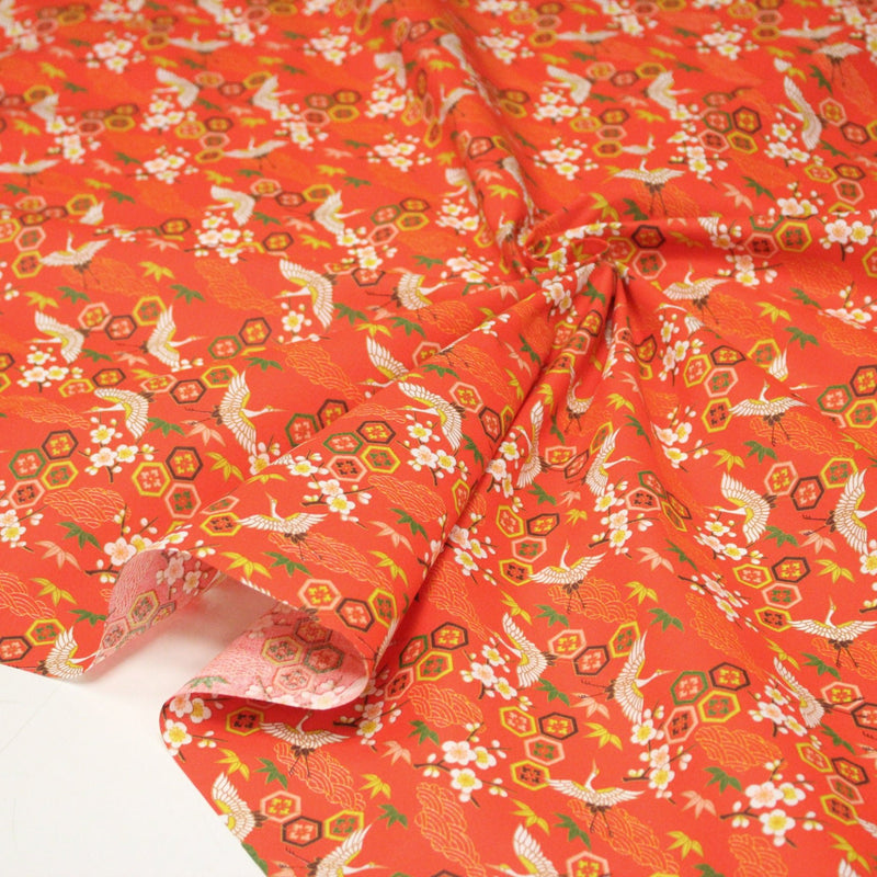 Tissu cotonnade NIGITA, motif japonais des grues : noir, bleu, rose, rouge - OEKO - TEX - tissuspipi.com