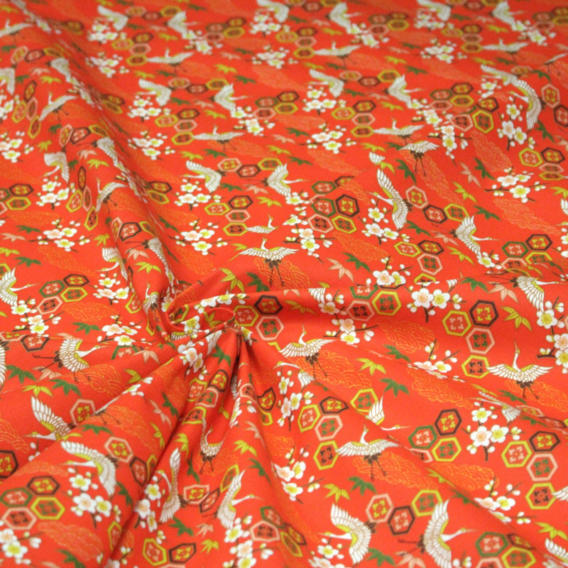 Tissu cotonnade NIGITA, motif japonais des grues : noir, bleu, rose, rouge - OEKO - TEX - tissuspipi.com