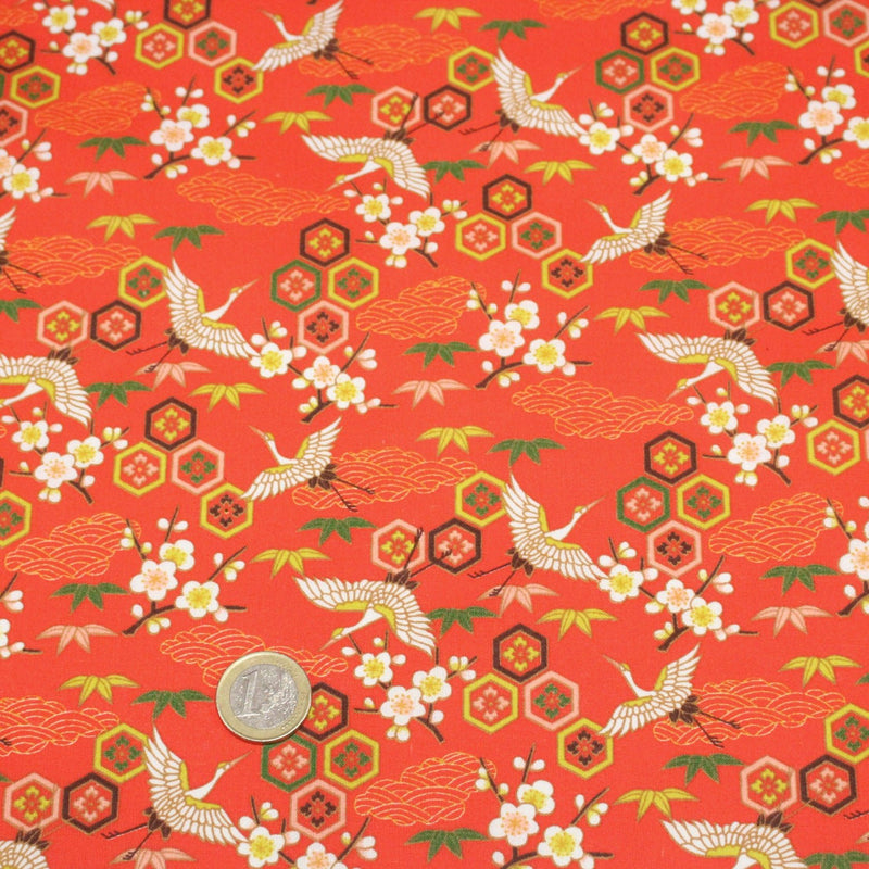 Tissu cotonnade NIGITA, motif japonais des grues : noir, bleu, rose, rouge - OEKO - TEX - tissuspipi.com