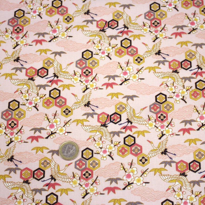 Tissu cotonnade NIGITA, motif japonais des grues : noir, bleu, rose, rouge - OEKO - TEX - tissuspipi.com