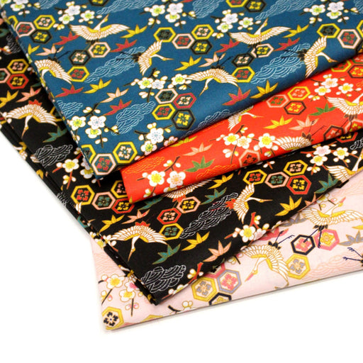 Tissu cotonnade NIGITA, motif japonais des grues : noir, bleu, rose, rouge - OEKO - TEX - tissuspipi.com
