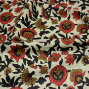 Tissu coton fin imprimé INDIENNES écru aux fleurs indiennes ocres rouges et noires - tissuspipi.com