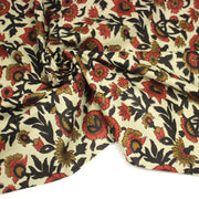 Tissu coton fin imprimé INDIENNES écru aux fleurs indiennes ocres rouges et noires - tissuspipi.com