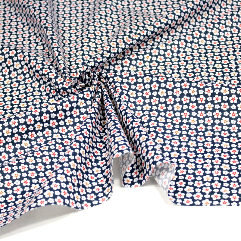 Tissu cotonnade fleurs japonaises géométriques : bleu, jaune, vert, rouge - OEKO - TEX - tissuspipi.com