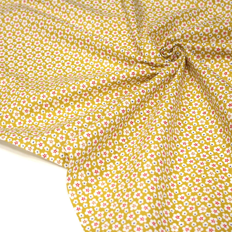 Tissu cotonnade fleurs japonaises géométriques : bleu, jaune, vert, rouge - OEKO - TEX - tissuspipi.com