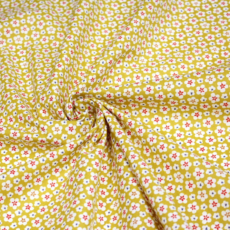 Tissu cotonnade fleurs japonaises géométriques : bleu, jaune, vert, rouge - OEKO - TEX - tissuspipi.com