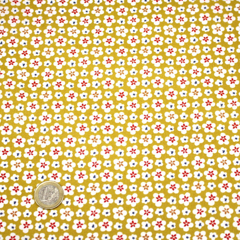 Tissu cotonnade fleurs japonaises géométriques : bleu, jaune, vert, rouge - OEKO - TEX - tissuspipi.com