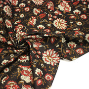 Tissu coton fin imprimé INDIENNES noir aux fleurs indiennes ocres, rouges et écrues - tissuspipi.com
