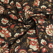 Tissu coton fin imprimé INDIENNES noir aux fleurs indiennes ocres, rouges et écrues - tissuspipi.com