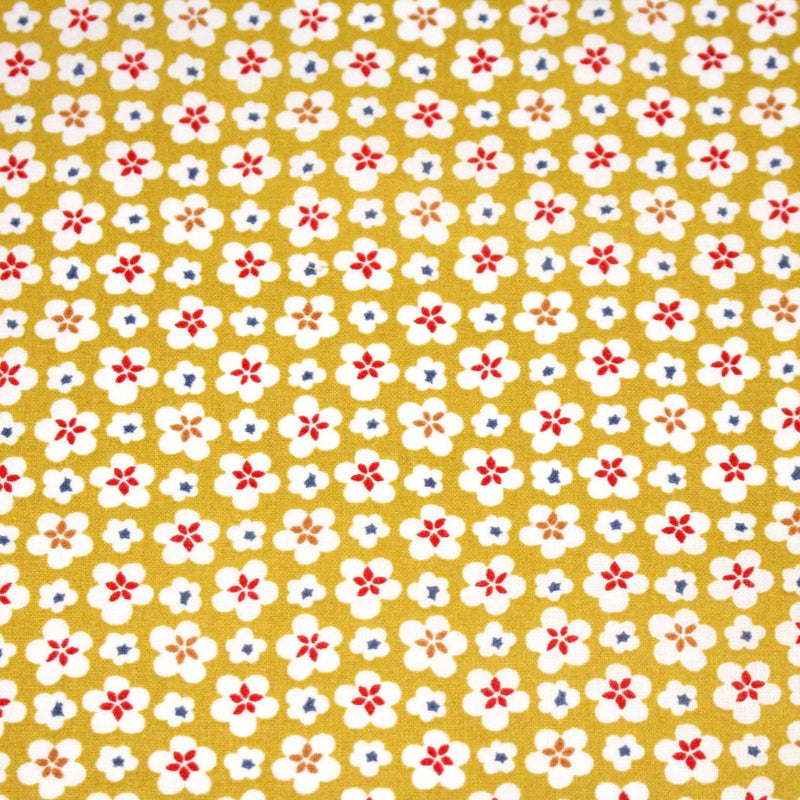 Tissu cotonnade fleurs japonaises géométriques : bleu, jaune, vert, rouge - OEKO - TEX - tissuspipi.com