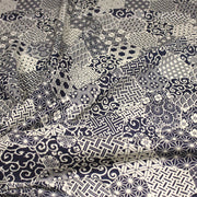 Tissu coton fin, Motifs japonais Asanoha, Seigaiha et Kikkō écru & indigo - STANDARD 100 OEKO - TEX - tissuspipi.com