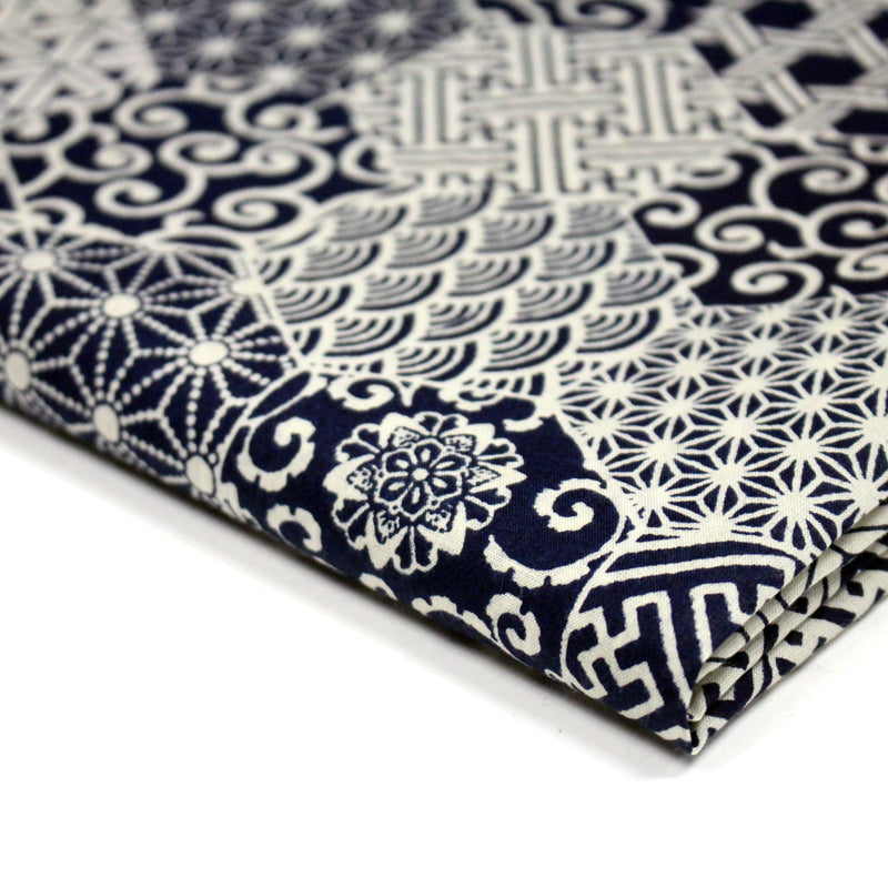 Tissu coton fin, Motifs japonais Asanoha, Seigaiha et Kikkō écru & indigo - STANDARD 100 OEKO - TEX - tissuspipi.com