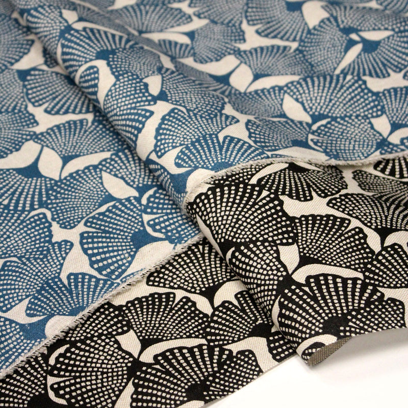 Tissu coton demi natté motif japonais GINKGO : BLEU ou NOIR - OEKO - TEX STANDARD 100 - tissuspipi.com