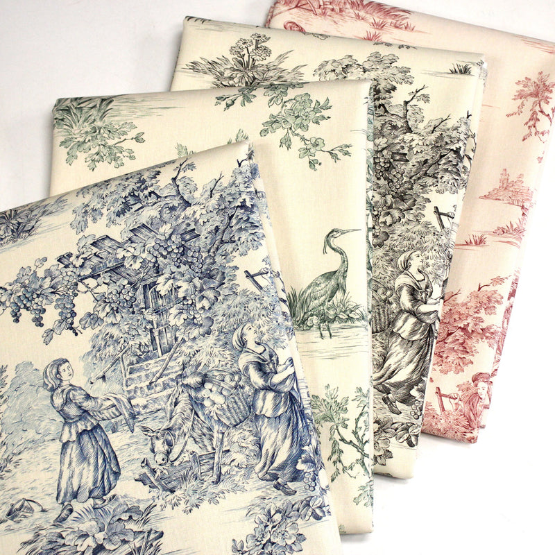 Tissu coton épais demi - natté TOILE DE JOUY, grande largeur 280cm : bleu, vert, rouge, noir - OEKO - TEX - tissuspipi.com