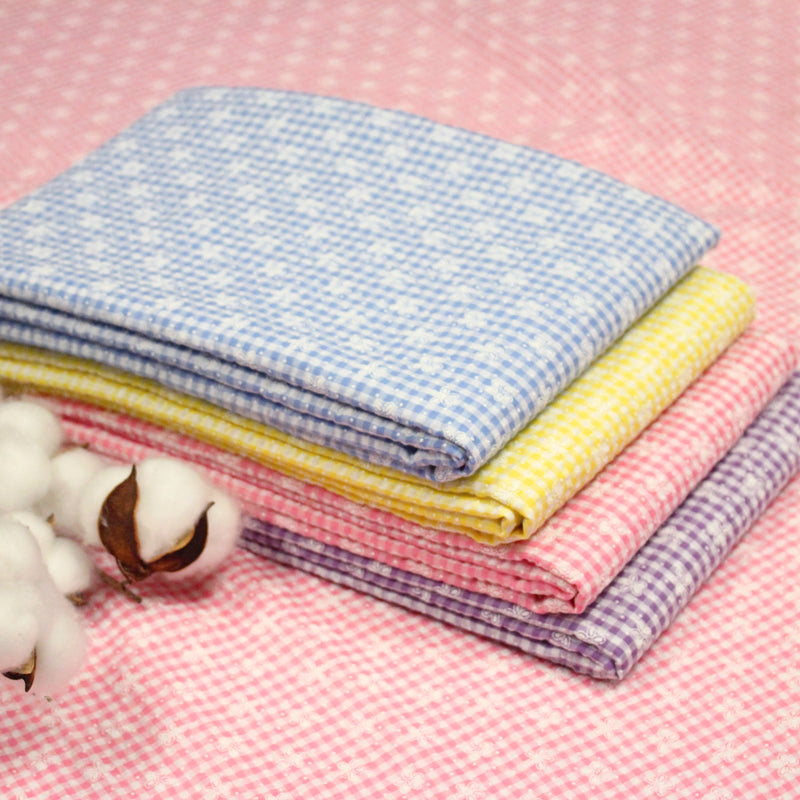 Tissu coton Seersucker VICHY carreaux & fines fleurs blanches : bleu, jaune, rose, violet - tissuspipi.com