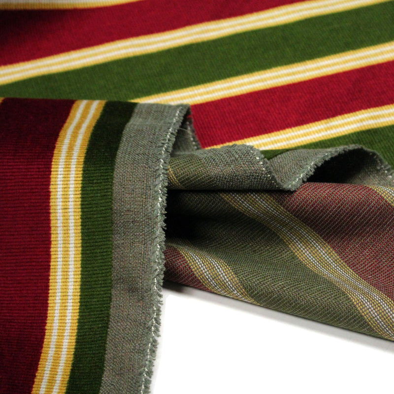 Tissu velours côtelé aux larges rayures rouges et vertes, tissage jacquard - tissuspipi.com