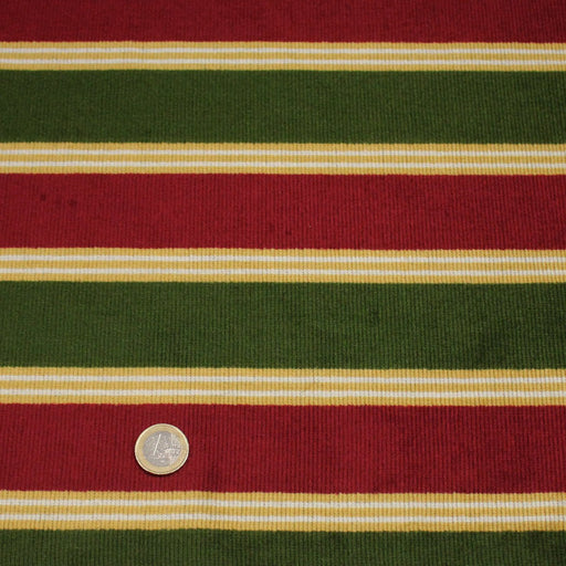 Tissu velours côtelé aux larges rayures rouges et vertes, tissage jacquard - tissuspipi.com