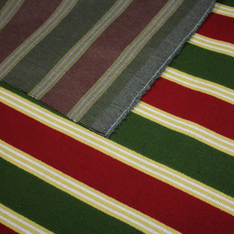 Tissu velours côtelé aux larges rayures rouges et vertes, tissage jacquard - tissuspipi.com