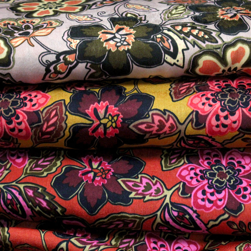 Tissu habillement satin velours, imprimé motif fleuri INDIENNES, nombreuses couleurs - tissuspipi.com