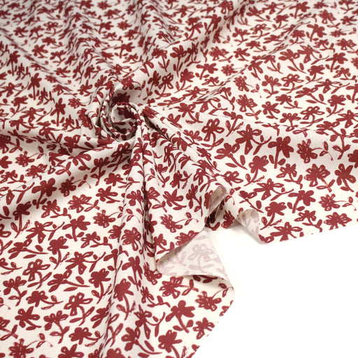 Tissu cotonnade motif japonais HANA - E, aux fleurs dessinées rouges, fond écru - tissuspipi.com