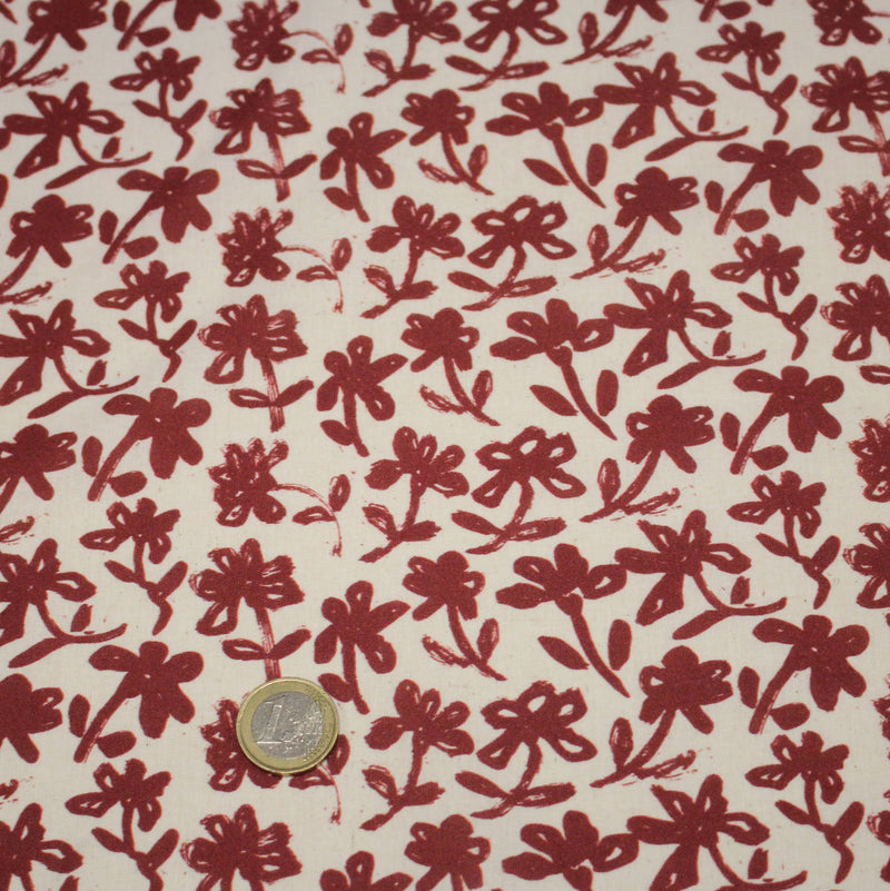 Tissu cotonnade motif japonais HANA - E, aux fleurs dessinées rouges, fond écru - tissuspipi.com