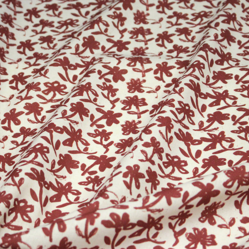 Tissu cotonnade motif japonais HANA - E, aux fleurs dessinées rouges, fond écru - tissuspipi.com