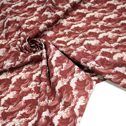 Tissu cotonnade motif de la vague d’HOKUSAI, rouge & écru - tissuspipi.com