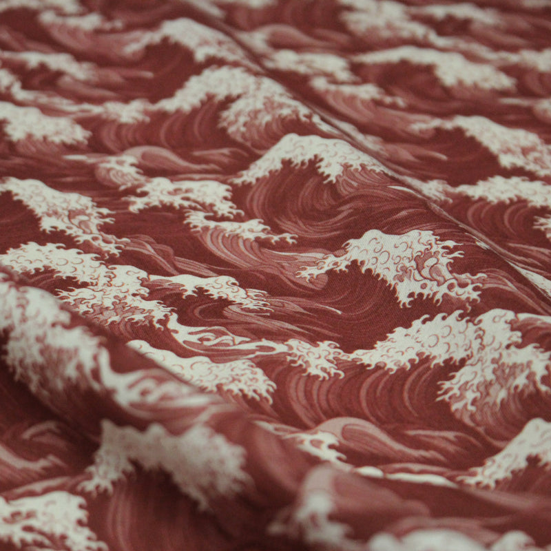 Tissu cotonnade motif de la vague d’HOKUSAI, rouge & écru - tissuspipi.com